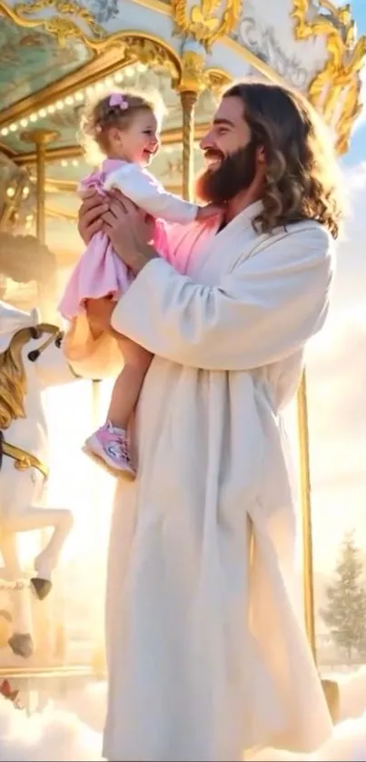 A joyful carousel scene with a child and adult, in vibrant colors.