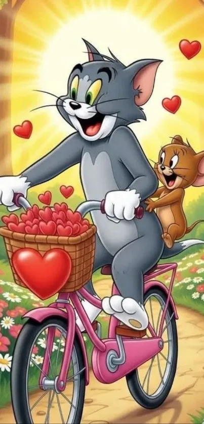 Cartoon characters enjoy a joyful bike ride with hearts.