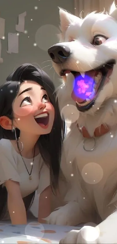 Animated girl with dog, smiling cheerfully.