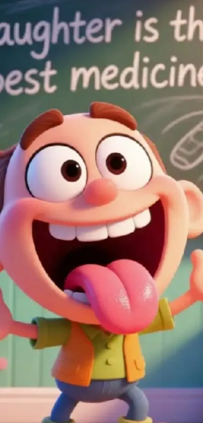 Joyful cartoon character laughing with message 'Laughter is the best medicine'.