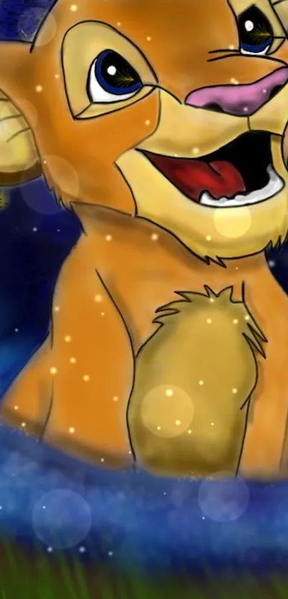 Vibrant cartoon lion cub in a magical, starry night setting.