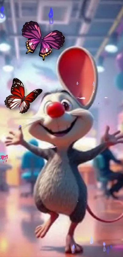 Cartoon mouse welcoming butterflies with open arms in a vibrant room.