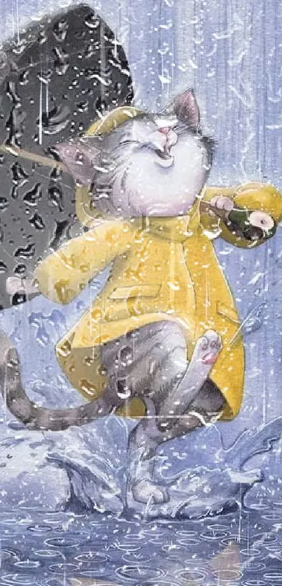 Cat in yellow coat dances in rain with umbrella.