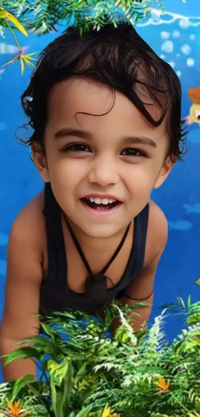 Child smiling surrounded by lush green leaves and blue background.