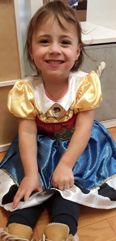 Smiling child in colorful dress costume on wooden floor.