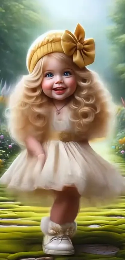 Joyful child in fantasy garden with a bright smile and colorful surroundings.