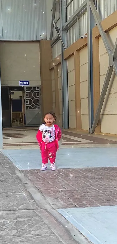 Child in vibrant pink in industrial setting.