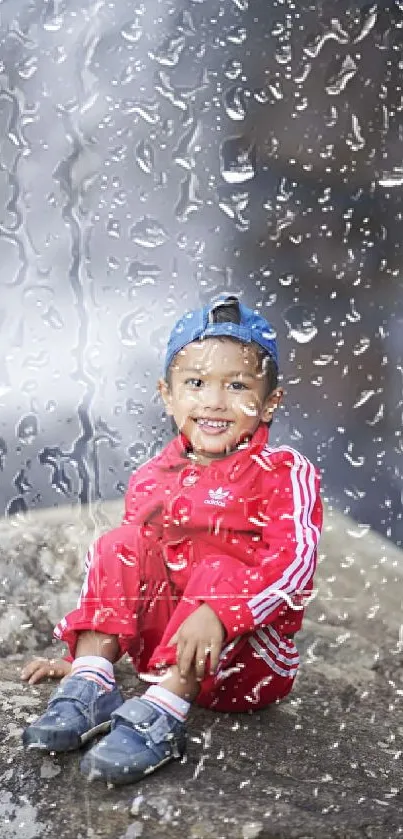 Child in red outfit smiling amid raindrops.