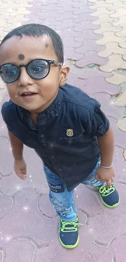 Adorable toddler wearing sunglasses on patterned walkway.