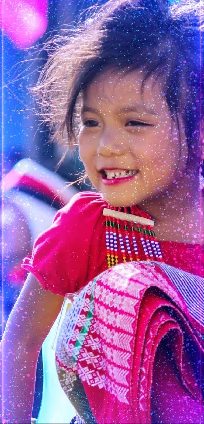 Smiling child in vibrant traditional attire at a festive parade.