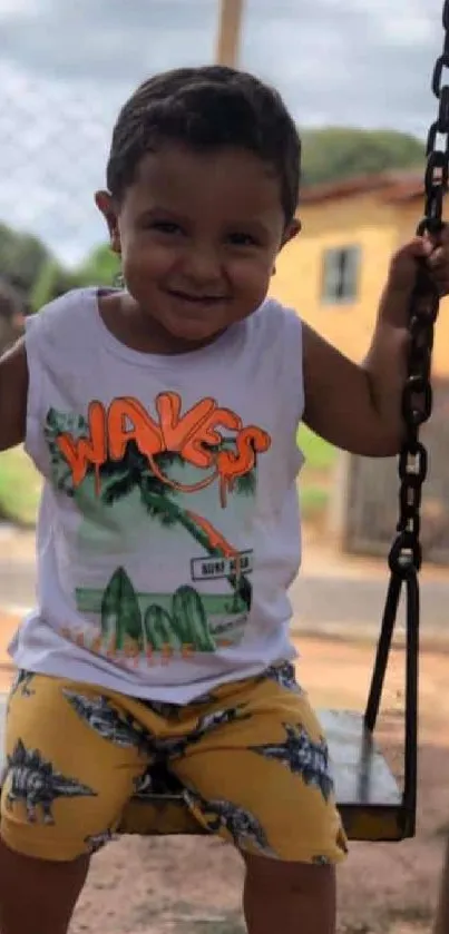 A smiling child swinging joyfully at a playground.