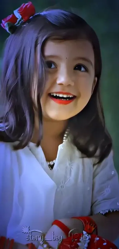 A child with a joyful smile wearing a red hairband and white dress background.