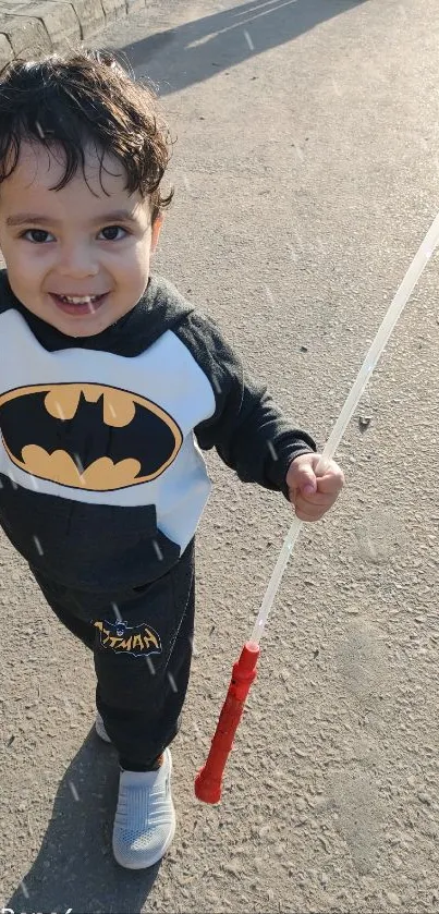 Joyful child in Batman outfit with balloon on sunny street.