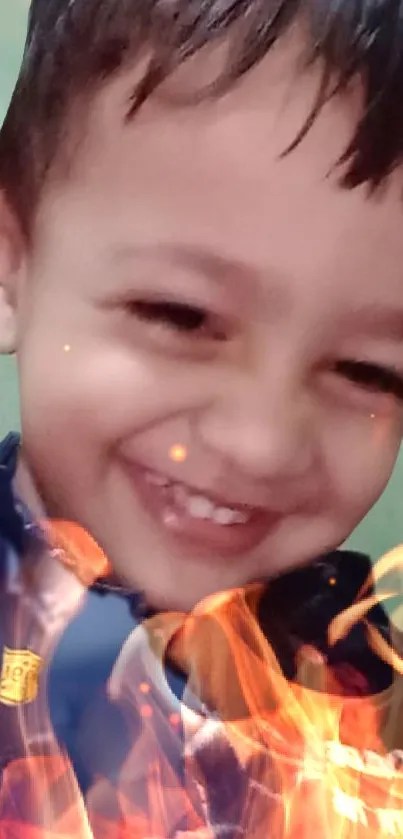 A joyful child smiling with a vibrant flame effect overlay.