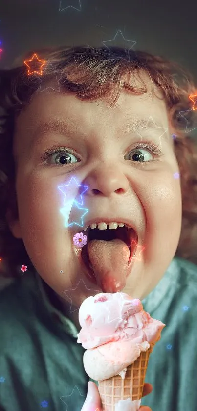 Joyful child enjoying ice cream with starry lights.