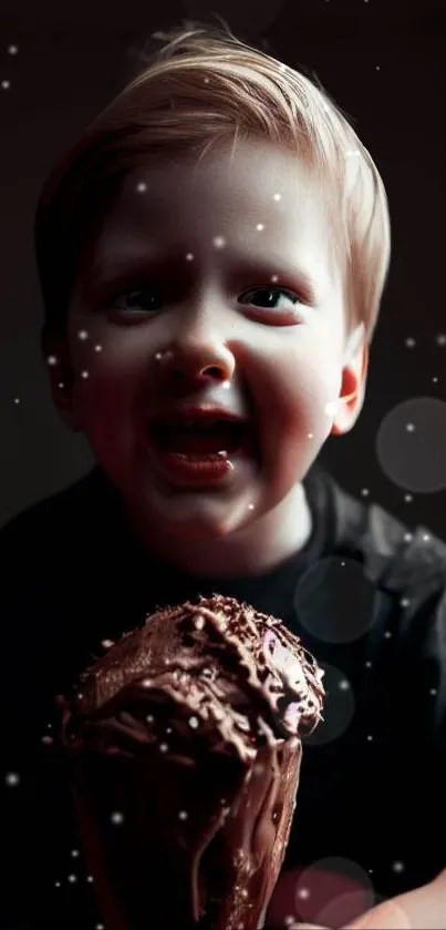 Happy child enjoying chocolate ice cream with whimsical lights background.