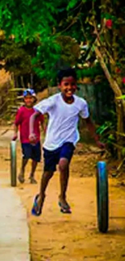 Children joyfully playing by the road in a vibrant natural setting.