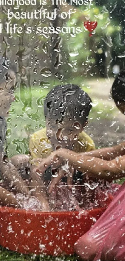 Children splashing water in a basin, depicting joyful childhood.