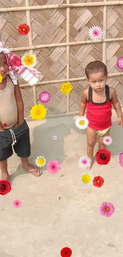 Two children playing happily in a rustic village setting.