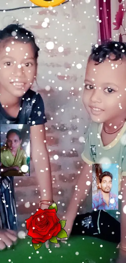 Two smiling children with snowflake overlay.