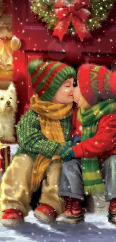 Children in festive attire by Christmas tree with gifts and snow.