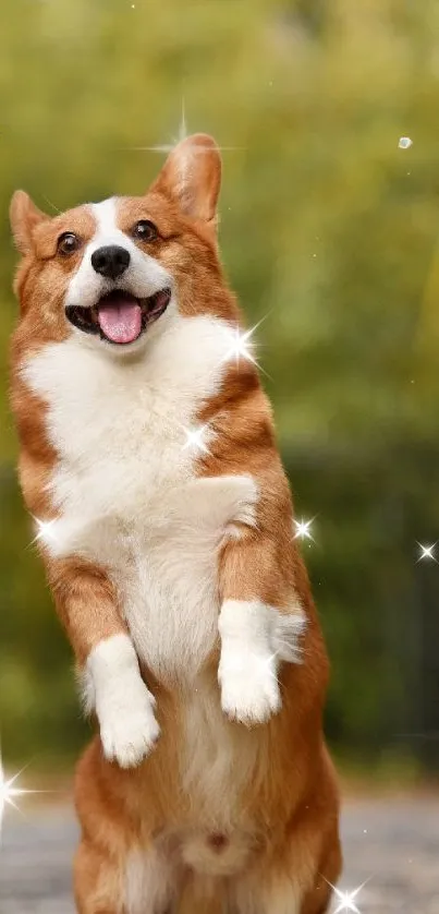 Joyful corgi with sparkles in nature background.