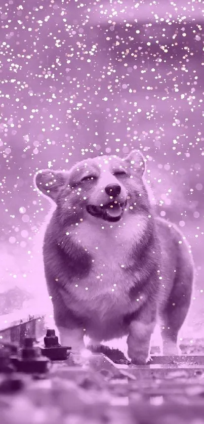 Joyful corgi on railway under magical purple rain.