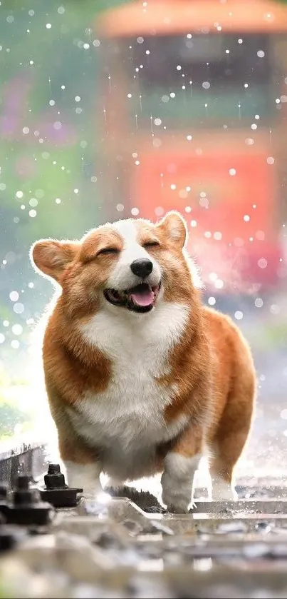 Happy corgi runs on railway track amidst raindrops.