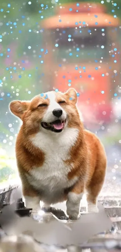 Corgi joyfully running on a rainy day.