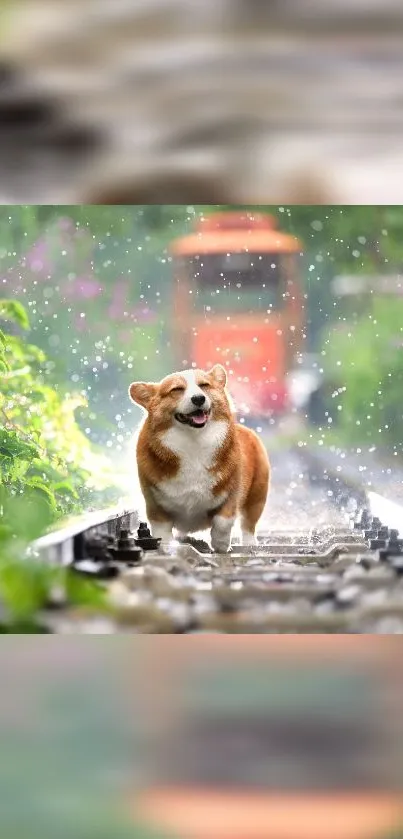 Joyful corgi walking on train tracks amid green scenery.