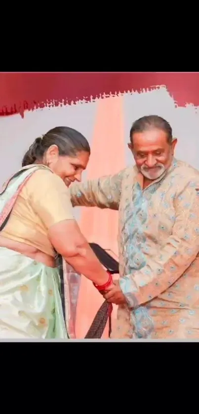 Joyful couple in traditional dance attire.