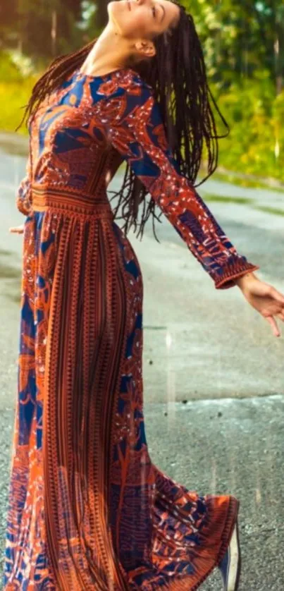 Woman joyfully dancing in the rain, wearing a colorful dress.