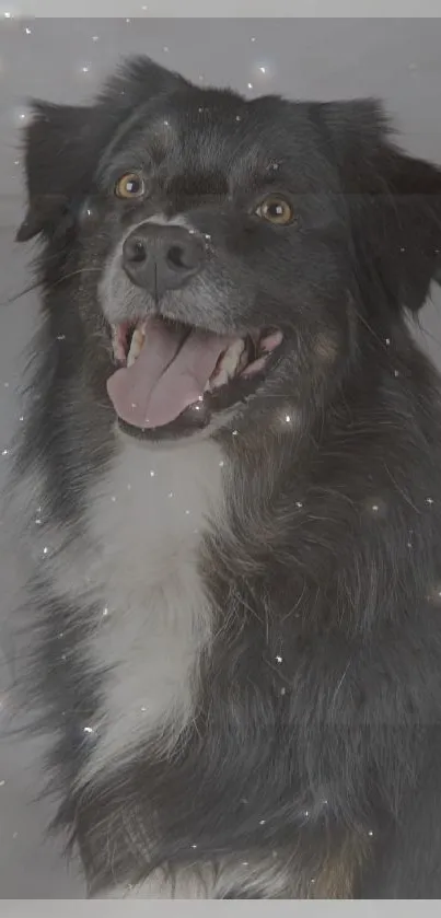 Happy black dog with stars in background wallpaper.