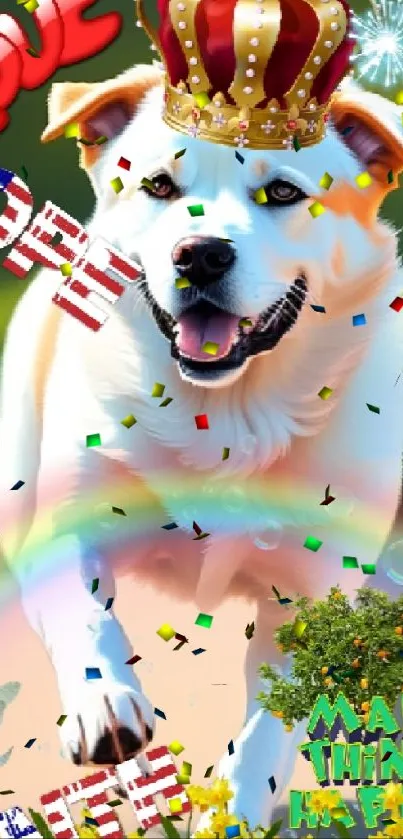 Joyful dog wearing a crown amidst flowers and rainbow on wallpaper.