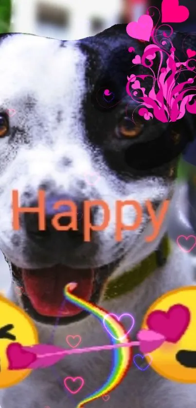 Happy dog with vibrant emojis and pink heart decor.