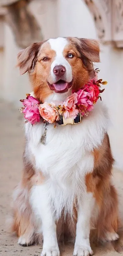 Charming dog with a colorful floral collar, sitting on a stone path.