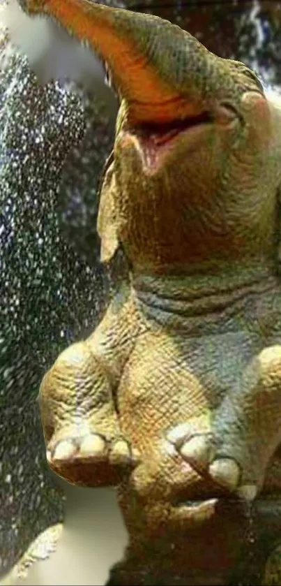 A cute elephant joyfully sprays water from its trunk under a waterfall.