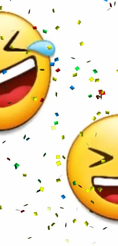 Laughing emoji with colorful confetti background.