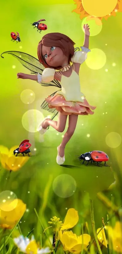 A joyful fairy dances among flowers and ladybugs on a vibrant green background.