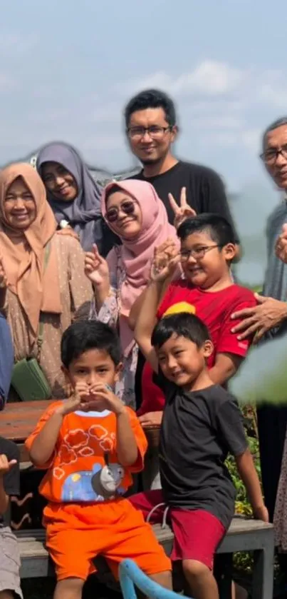 A joyful family gathering featuring happy faces and peace signs outdoors.