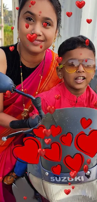 Family on bike with heart motifs, vibrant and joyful.