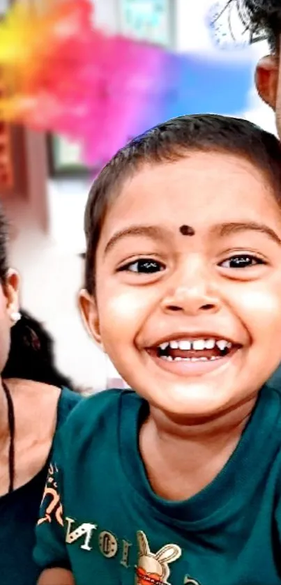 Smiling child with family in colorful setting.