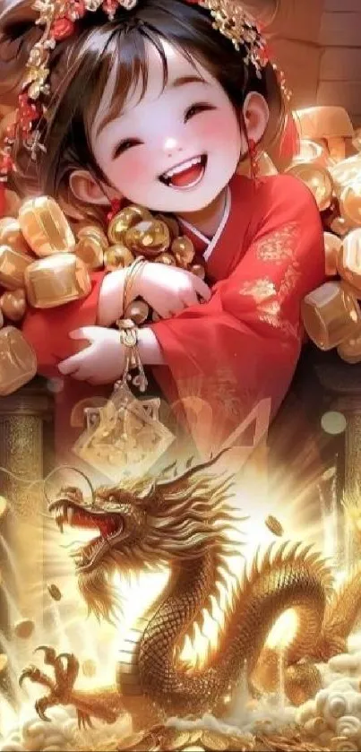 Joyful girl with dragon surrounded by gold ingots.