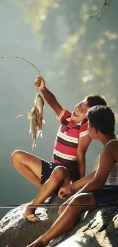 Two boys fishing joyfully on a sunlit rock.