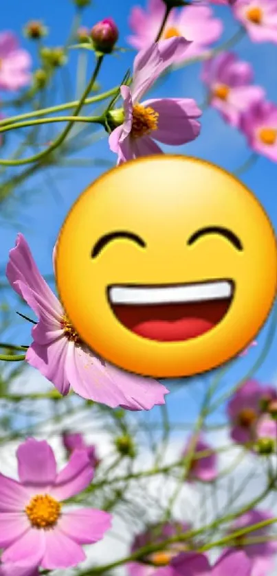 Pink flowers and a smiling emoji with a bright blue sky background.