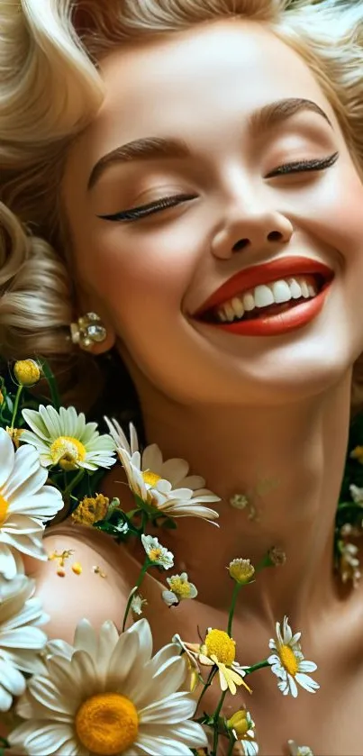 Smiling woman surrounded by daisies in a vibrant floral wallpaper.