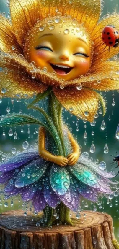 A joyful flower fairy amidst raindrops with ladybugs.