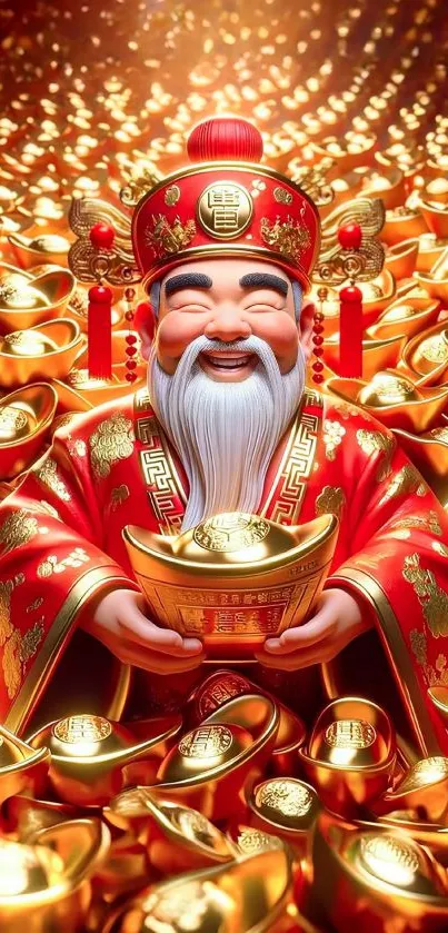 Fortune God holding golden ingots, surrounded by glowing gold background.