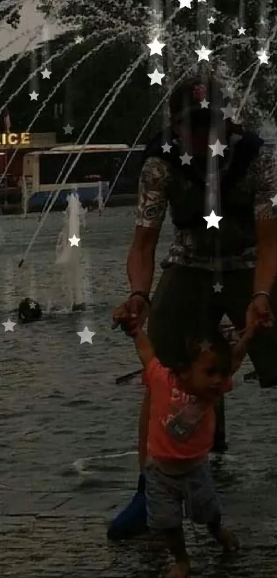 Father and child playing joyfully in a fountain. Family bonding moment.