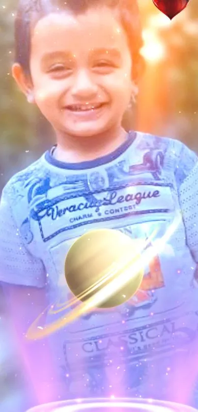 Smiling child with planets and galaxy theme on mobile wallpaper.